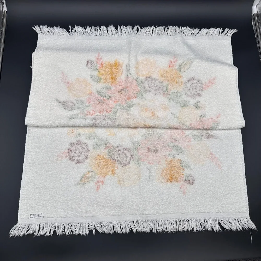 Vintage Penneys All Cotton Floral Bouquet‎ Hand Towel White Retro Kitchen Decor